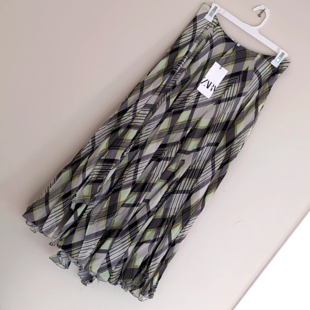 ZARA $159 PRINTED MIDI SKIRT ZW COLLECTION Green / Ecru | 2990/152 NWT S M L - Picture 3 of 7